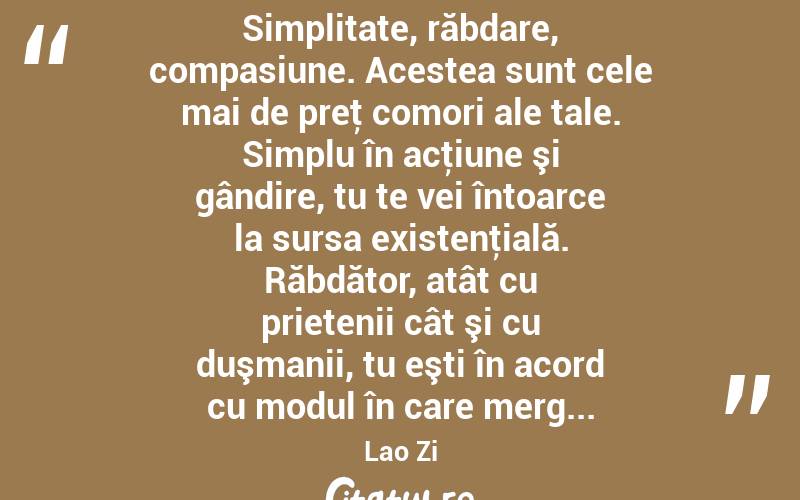 Simplitate, răbdare, compasiune. Acestea sunt cele mai de preţ comori ale tale. Simplu în acţiune şi gândire, tu te vei întoarce la sursa existenţială. Răbdător, atât cu prietenii cât şi cu duşmanii, tu eşti în acord cu modul în care merg... Lao Zi
