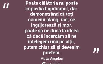 Poate călătoria nu poate împiedia bigotismul, dar demonstrând că toţi oamenii plâng, râd, se îngrijorează şi mor, poate să ne ducă la ideea că dacă încercăm să ne înţelegem unii pe alţii, putem chiar să şi devenim prieteni. Maya Angelou...