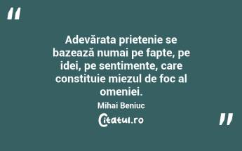   Adevărata prietenie se bazează numai pe fapte, pe idei, pe sentimente, care constituie miezul de foc al omeniei. Mihai Beniuc...