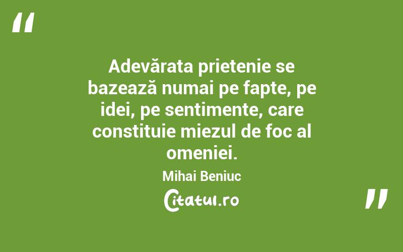  Adevărata prietenie se bazează numai pe fapte, pe idei, pe sentimente, care constituie miezul de foc al omeniei. Mihai Beniuc