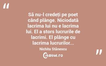  Să nu-l credeţi pe poet când plânge. Niciodată lacrima lui nu e lacrima lui. El a stors lucrurile de lacrimi. El plânge cu lacrima lucrurilor... Nichita Stănescu...