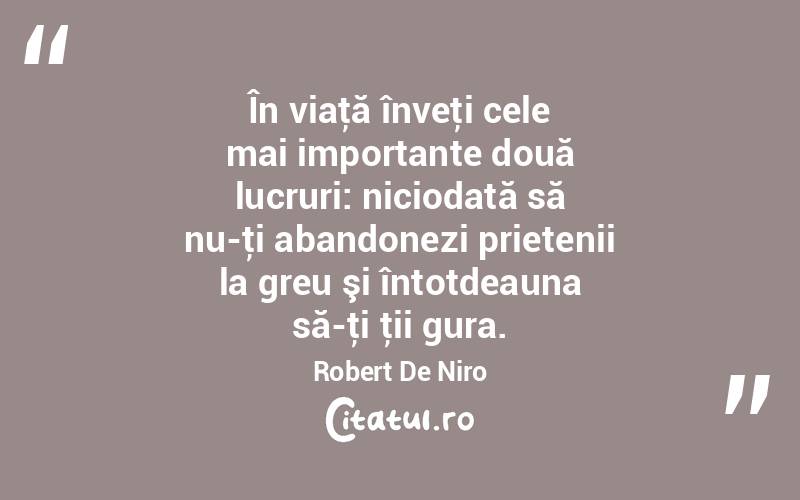 În viaţă înveţi cele mai importante două lucruri: niciodată să nu-ţi abandonezi prietenii la greu şi întotdeauna să-ţi ţii gura. Robert De Niro