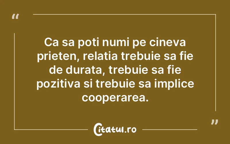 Ca sa poti numi pe cineva prieten, relatia trebuie sa fie de durata, trebuie sa fie pozitiva si trebuie sa implice cooperarea.