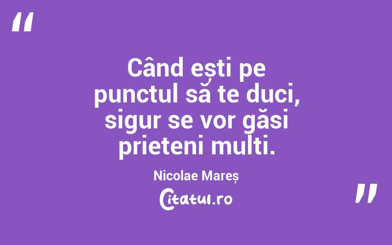 Când ești pe punctul să te duci, sigur se vor găsi prieteni mulți. Nicolae Mareș
