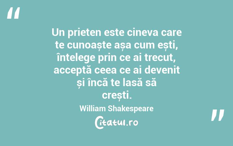Un prieten este cineva care te cunoaște așa cum ești, înțelege prin ce ai trecut, acceptă ceea ce ai devenit și încă te lasă să crești. William Shakespeare
