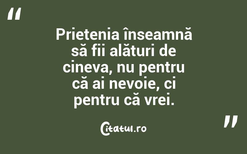 Prietenia înseamnă să fii alături de cineva, nu pentru că ai nevoie, ci pentru că vrei.
