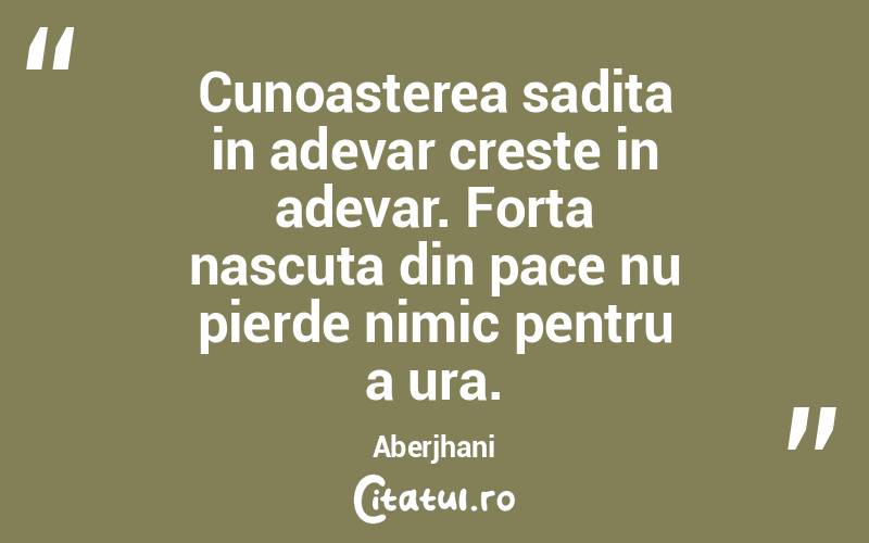 Cunoasterea sadita in adevar creste in adevar. Forta nascuta din pace nu pierde nimic pentru a ura. Aberjhani