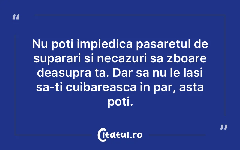 Nu poti impiedica pasaretul de suparari si necazuri sa zboare deasupra ta. Dar sa nu le lasi sa-ti cuibareasca in par, asta poti.