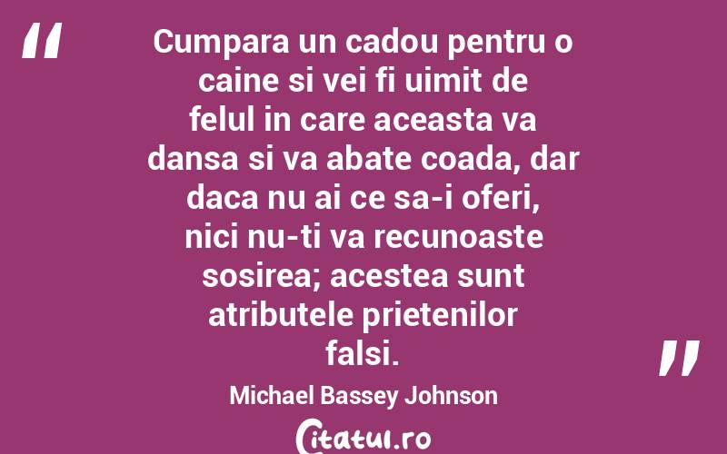 Cumpara un cadou pentru o caine si vei fi uimit de felul in care aceasta va dansa si va abate coada, dar daca nu ai ce sa-i oferi, nici nu-ti va recunoaste sosirea; acestea sunt atributele prietenilor falsi. Michael Bassey Johnson