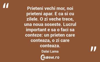 Prieteni vechi mor, noi prieteni apar. E ca si cu zilele. O zi veche trece, una noua soseste. Lucrul important e sa o faci sa conteze: un prieten care conteaza, o zi care conteaza. Dalai Lama...