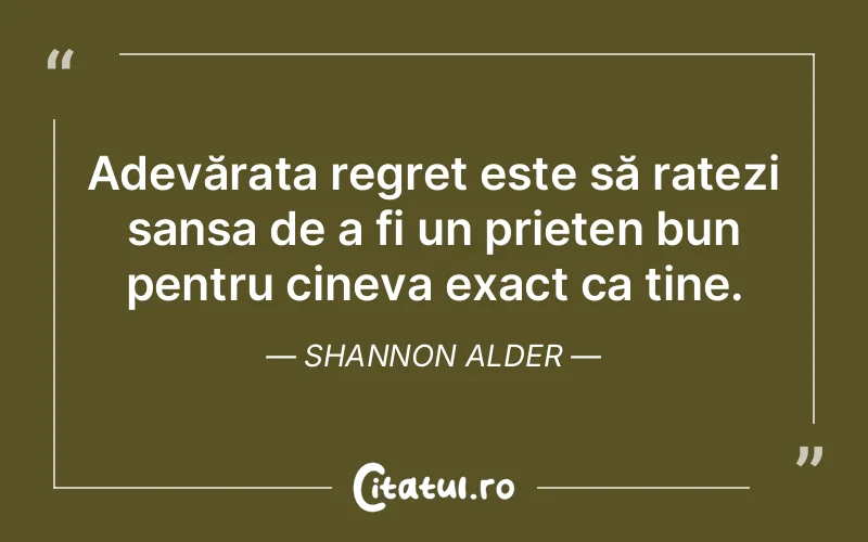 Adevărata regret este să ratezi șansa de a fi un prieten bun pentru cineva exact ca tine. Shannon Alder