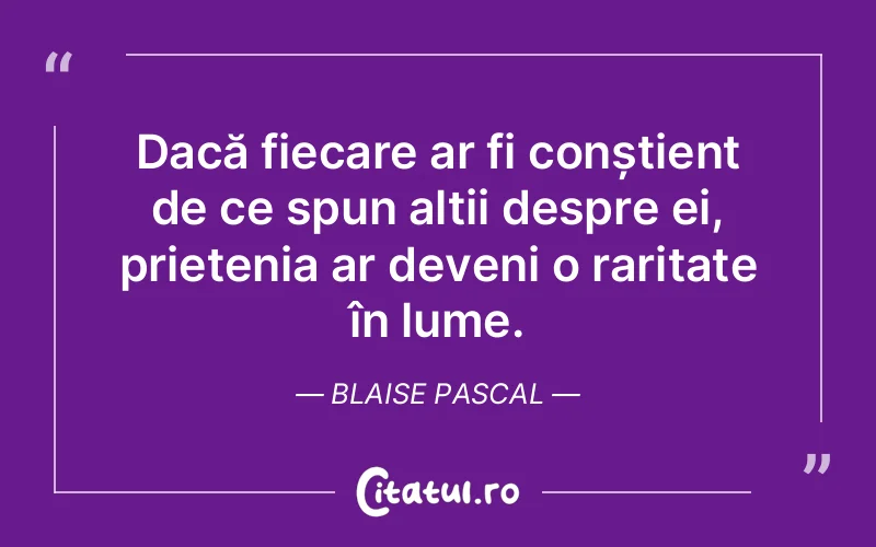 Dacă fiecare ar fi conștient de ce spun alții despre ei, prietenia ar deveni o raritate în lume. Blaise Pascal