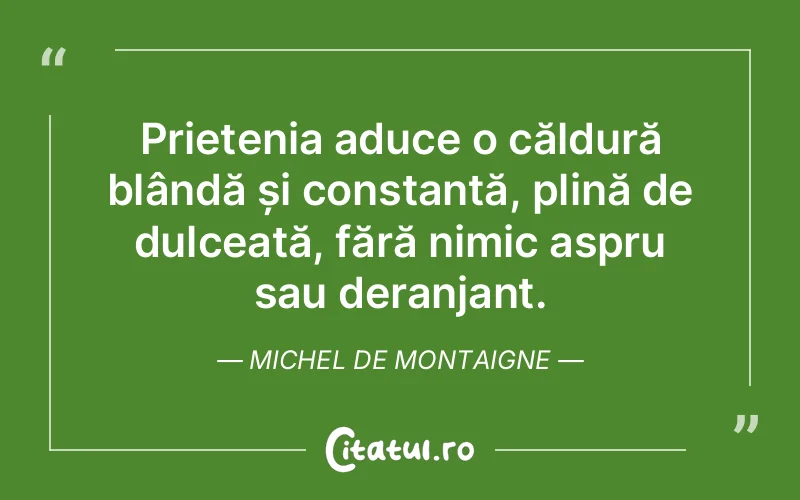 Prietenia aduce o căldură blândă și constantă, plină de dulceață, fără nimic aspru sau deranjant. Michel de Montaigne