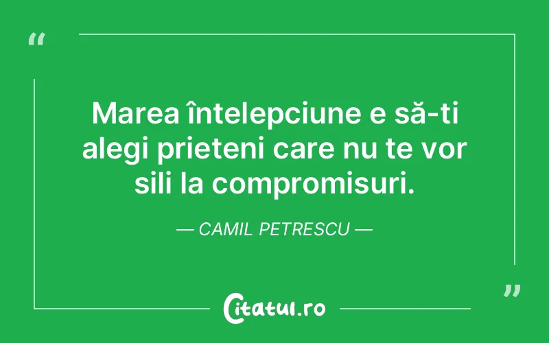 Marea înțelepciune e să-ți alegi prieteni care nu te vor sili la compromisuri. Camil Petrescu