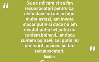 Sa ne ridicam si sa fim recunsocatori pentru ca, chiar daca nu am invatat multe astazi, am invata macar putin si daca nu am invatat putin cel putin nu suntem bolnavi, iar daca suntem bolnavi, cel putin nu am murit; asadar, sa fim recunoscatori. Buddha...