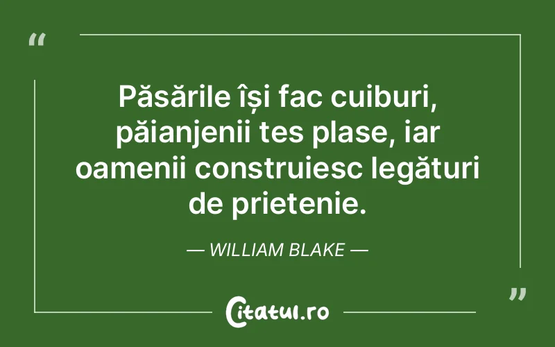 Păsările își fac cuiburi, păianjenii țes plase, iar oamenii construiesc legături de prietenie. William Blake