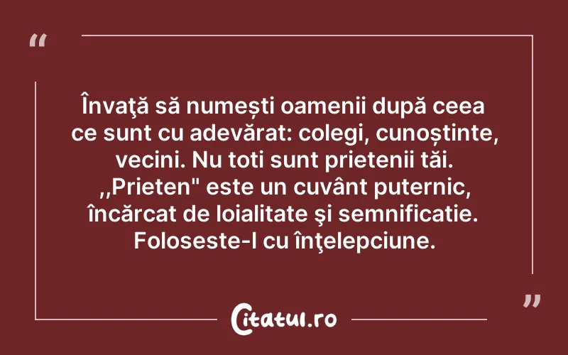 Învaţă să numești oamenii după ceea ce sunt cu adevărat: colegi, cunoștințe, vecini. Nu toți sunt prietenii tăi. ,,Prieten" este un cuvânt puternic, încărcat de loialitate şi semnificație. Foloseste-l cu înţelepciune.