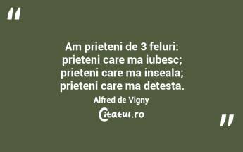 Am prieteni de 3 feluri: prieteni care ma iubesc; prieteni care ma inseala; prieteni care ma detesta. Alfred de Vigny...