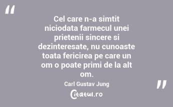 Cel care n-a simtit niciodata farmecul unei prietenii sincere si dezinteresate, nu cunoaste toata fericirea pe care un om o poate primi de la alt om. Carl Gustav Jung...