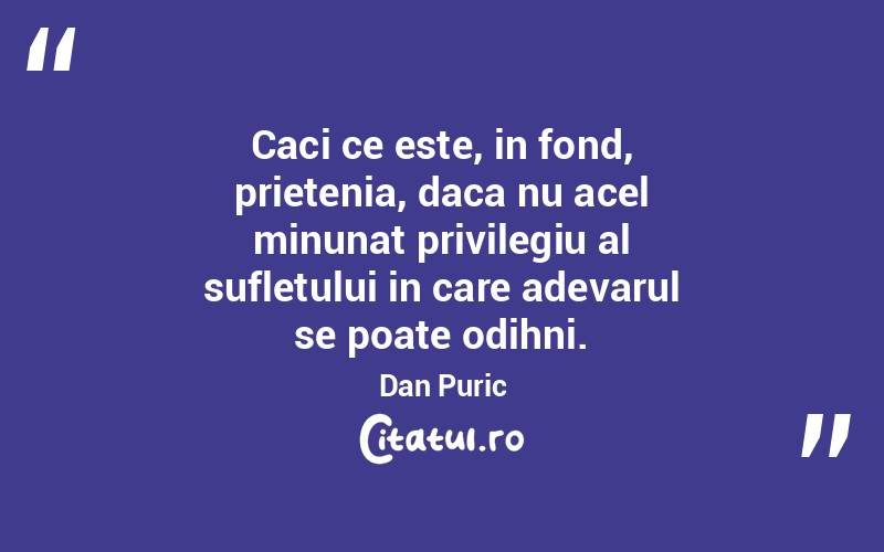 Caci ce este, in fond, prietenia, daca nu acel minunat privilegiu al sufletului in care adevarul se poate odihni. Dan Puric