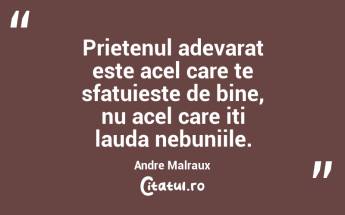 Prietenul adevarat este acel care te sfatuieste de bine, nu acel care iti lauda nebuniile. Andre Malraux...