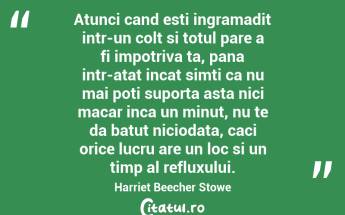 Atunci cand esti ingramadit intr-un colt si totul pare a fi impotriva ta, pana intr-atat incat simti ca nu mai poti suporta asta nici macar inca un minut, nu te da batut niciodata, caci orice lucru are un loc si un timp al refluxului. Harriet Beecher Stowe...