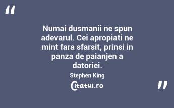 Numai dusmanii ne spun adevarul. Cei apropiati ne mint fara sfarsit, prinsi in panza de paianjen a datoriei. Stephen King...