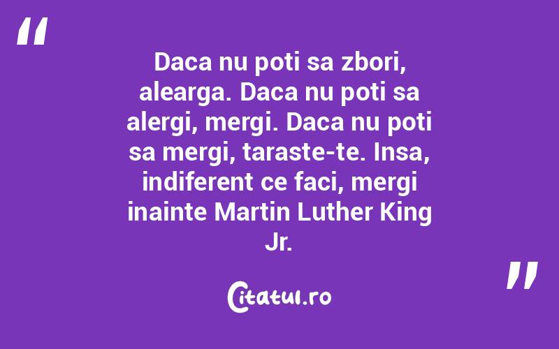 Daca nu poti sa zbori, alearga. Daca nu poti sa alergi, mergi. Daca nu poti sa mergi, taraste-te. Insa, indiferent ce faci, mergi inainte Martin Luther King Jr.