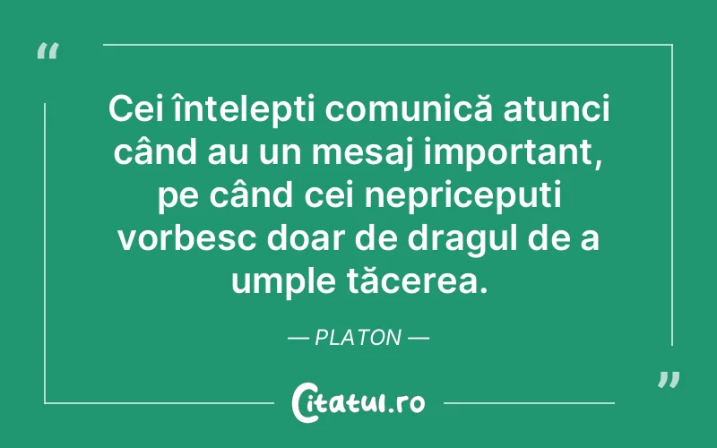 Cei înțelepți comunică atunci când au un mesaj important, pe când cei nepricepuți vorbesc doar de dragul de a umple tăcerea. Platon
