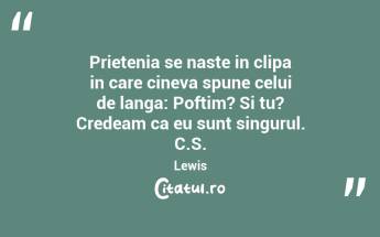 Prietenia se naste in clipa in care cineva spune celui de langa: Poftim? Si tu? Credeam ca eu sunt singurul. C.S. Lewis...