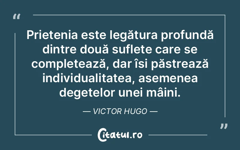 Prietenia este legătura profundă dintre două suflete care se completează, dar își păstrează individualitatea, asemenea degetelor unei mâini. Victor Hugo