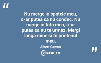 Nu merge in spatele meu, s-ar putea sa nu conduc. Nu merge in fata mea, s-ar putea sa nu te urmez. Mergi langa mine si fii prietenul meu. Albert Camus...