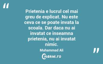 Prietenia e lucrul cel mai greu de explicat. Nu este ceva ce se poate invata la scoala. Dar daca nu ai invatat ce inseamna prietenia, nu ai invatat nimic. Muhammad Ali...