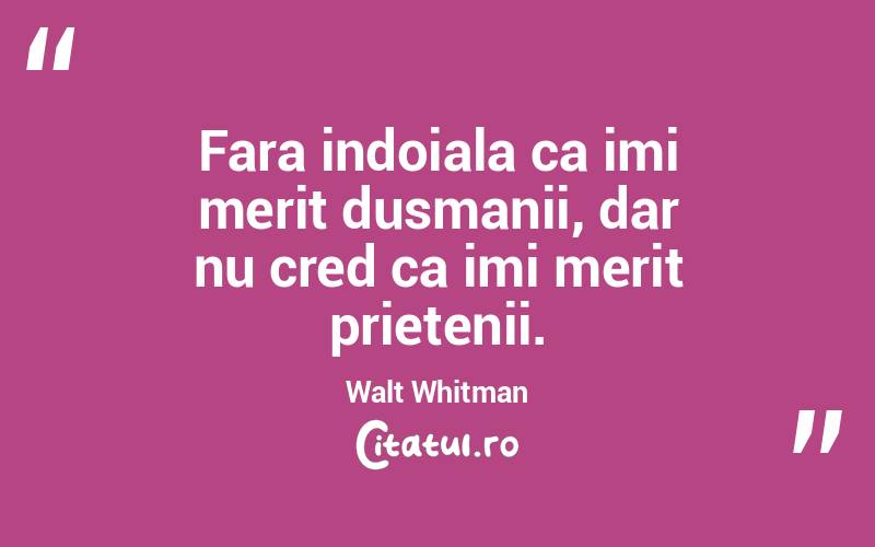 Fara indoiala ca imi merit dusmanii, dar nu cred ca imi merit prietenii. Walt Whitman