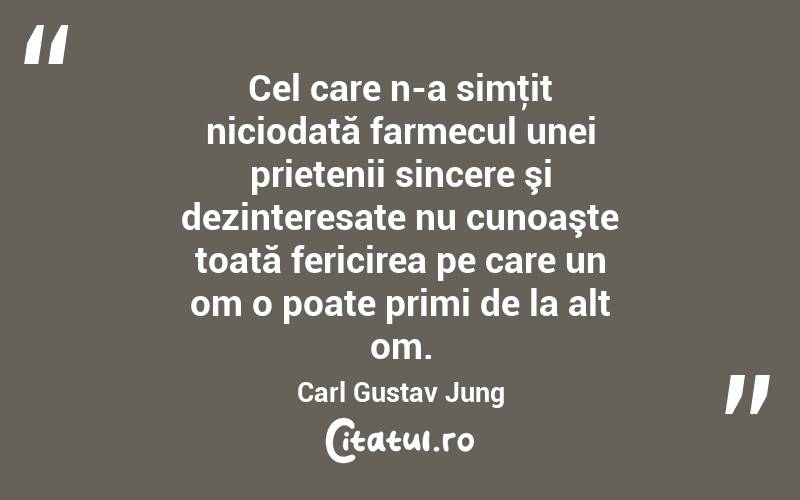 Cel care n-a simţit niciodată farmecul unei prietenii sincere şi dezinteresate nu cunoaşte toată fericirea pe care un om o poate primi de la alt om. Carl Gustav Jung
