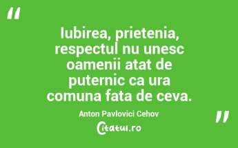  Iubirea, prietenia, respectul nu unesc oamenii atat de puternic ca ura comuna fata de ceva. Anton Pavlovici Cehov...