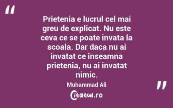 Prietenia e lucrul cel mai greu de explicat. Nu este ceva ce se poate invata la scoala. Dar daca nu ai invatat ce inseamna prietenia, nu ai invatat nimic. Muhammad Ali...