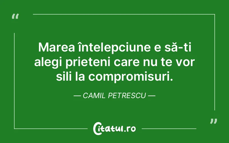Marea înțelepciune e să-ți alegi prieteni care nu te vor sili la compromisuri. Camil Petrescu