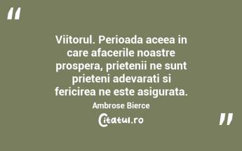 Viitorul. Perioada aceea in care afacerile noastre prospera, prietenii ne sunt prieteni adevarati si fericirea ne este asigurata. Ambrose Bierce...