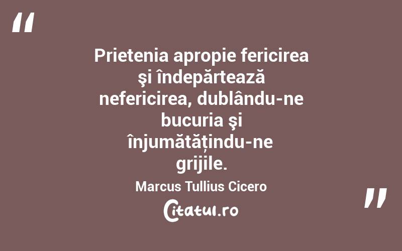 Prietenia apropie fericirea şi îndepărtează nefericirea, dublându-ne bucuria şi înjumătăţindu-ne grijile. Marcus Tullius Cicero
