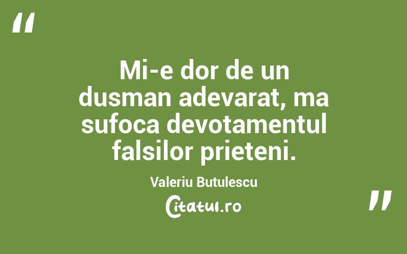 Mi-e dor de un dusman adevarat, ma sufoca devotamentul falsilor prieteni. Valeriu Butulescu
