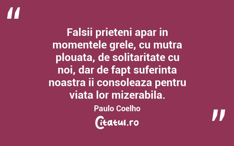 Falsii prieteni apar in momentele grele, cu mutra plouata, de solitaritate cu noi, dar de fapt suferinta noastra ii consoleaza pentru viata lor mizerabila. Paulo Coelho
