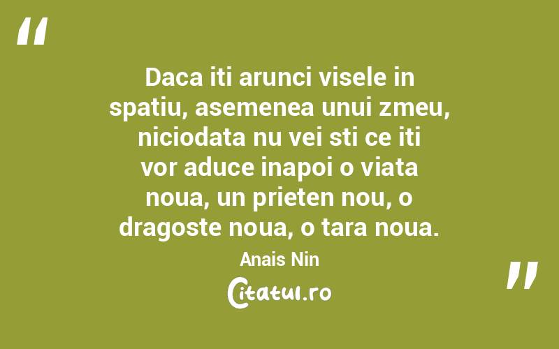 Daca iti arunci visele in spatiu, asemenea unui zmeu, niciodata nu vei sti ce iti vor aduce inapoi o viata noua, un prieten nou, o dragoste noua, o tara noua. Anais Nin