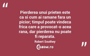 Pierderea unui prieten este ca si cum ai ramane fara un picior; timpul poate vindeca frica care a provocat-o acea rana, dar pierderea nu poate fi reparata. Robert Southey...