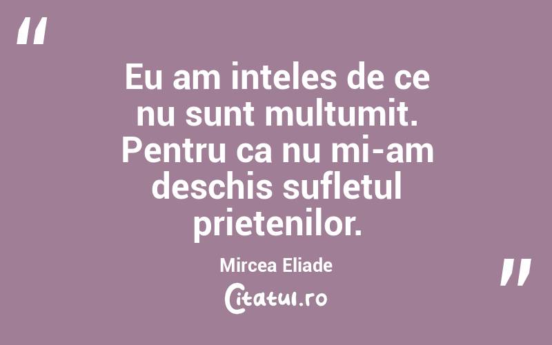 Eu am inteles de ce nu sunt multumit. Pentru ca nu mi-am deschis sufletul prietenilor. Mircea Eliade
