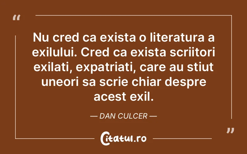 Nu cred ca exista o literatura a exilului. Cred ca exista scriitori exilati, expatriati, care au stiut uneori sa scrie chiar despre acest exil. Dan Culcer