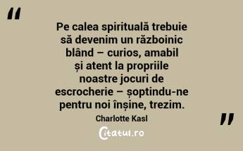  Pe calea spirituală trebuie să devenim un războinic blând – curios, amabil și atent la propriile noastre jocuri de escrocherie – șoptindu-ne pentru noi înșine, trezim. Charlotte Kasl...