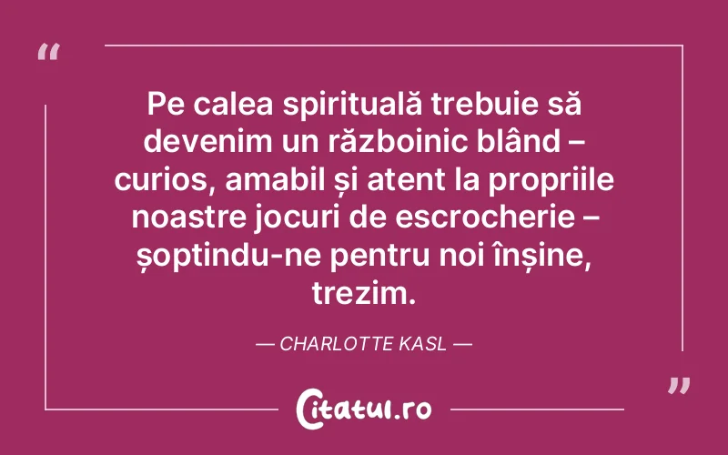 Pe calea spirituală trebuie să devenim un războinic blând – curios, amabil și atent la propriile noastre jocuri de escrocherie – șoptindu-ne pentru noi înșine, trezim. Charlotte Kasl