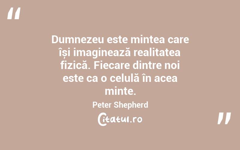 Dumnezeu este mintea care își imaginează realitatea fizică. Fiecare dintre noi este ca o celulă în acea minte.Peter Shepherd
