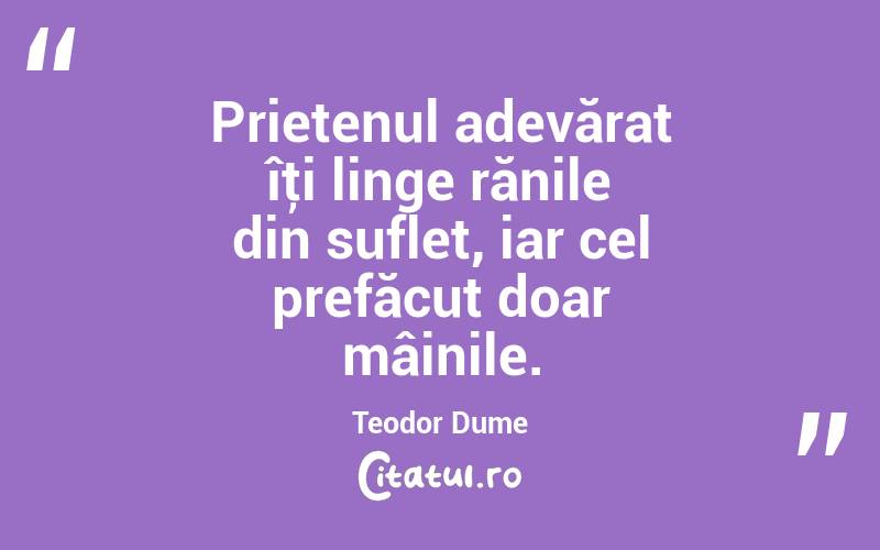 Prietenul adevărat îţi linge rănile din suflet, iar cel prefăcut doar mâinile. Teodor Dume

